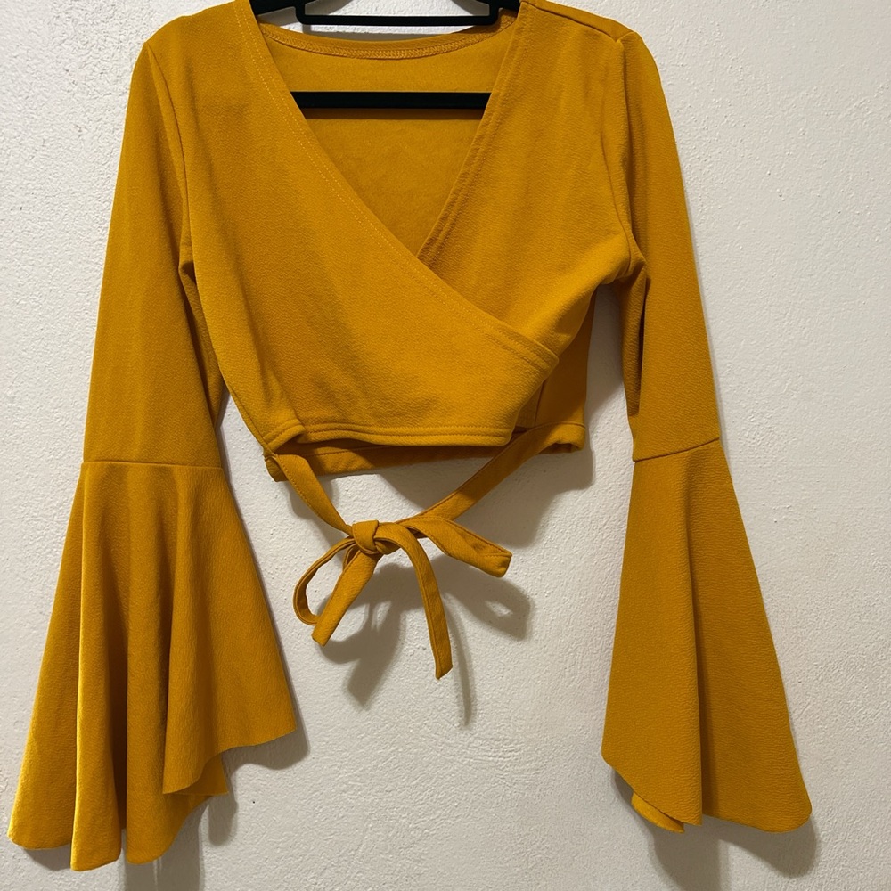 SHEIN Mustard Wrap Crop Top with Flared Bell Sleeves